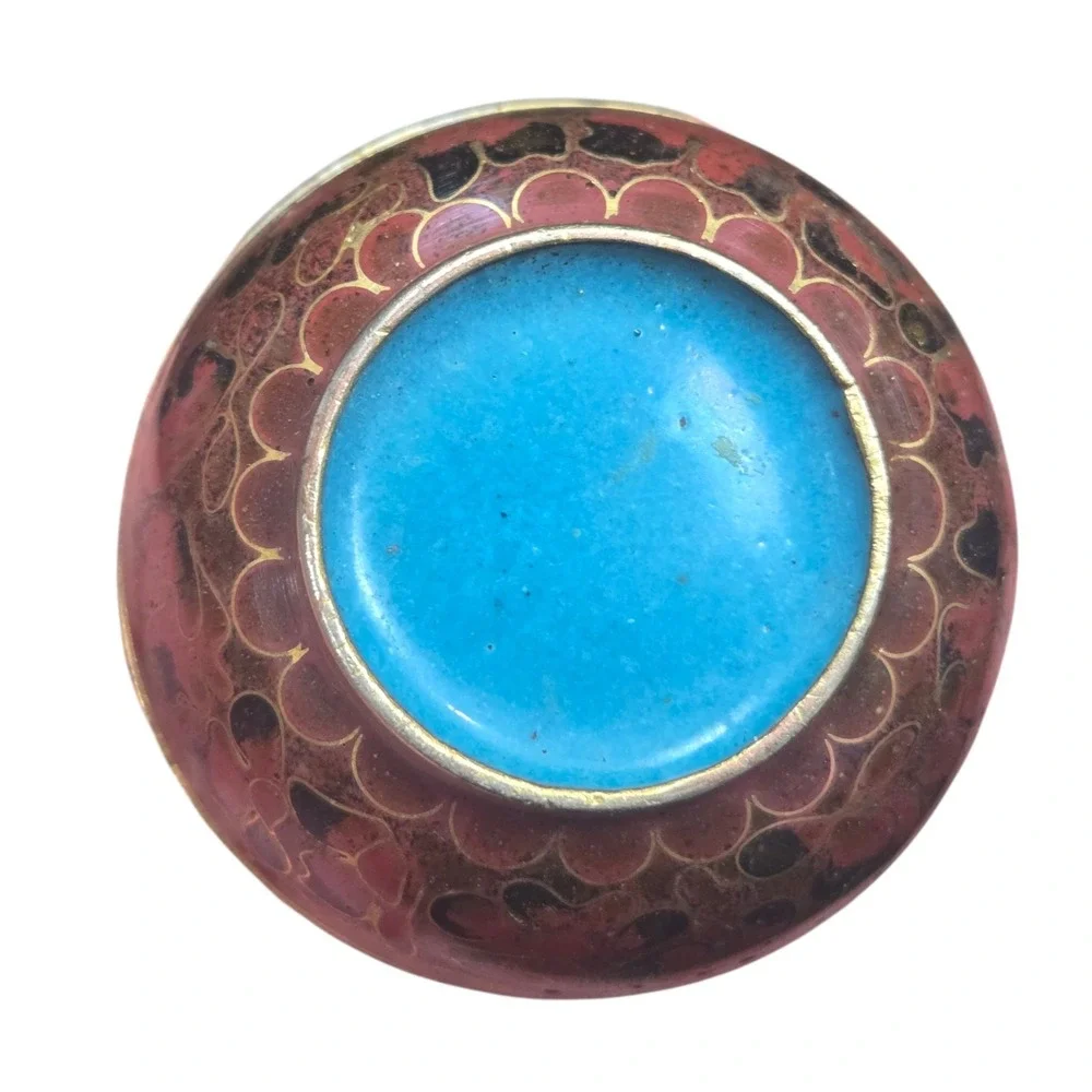 Vintage Asian Cloisonné Enamel Brass Round Lidded Trinket Box Blue Interior 2
